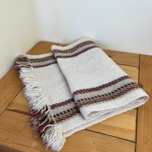 Anne Lord Woven Wool Table Runner Off-White w/ Brown Stripes Fringe Ends 15x40"